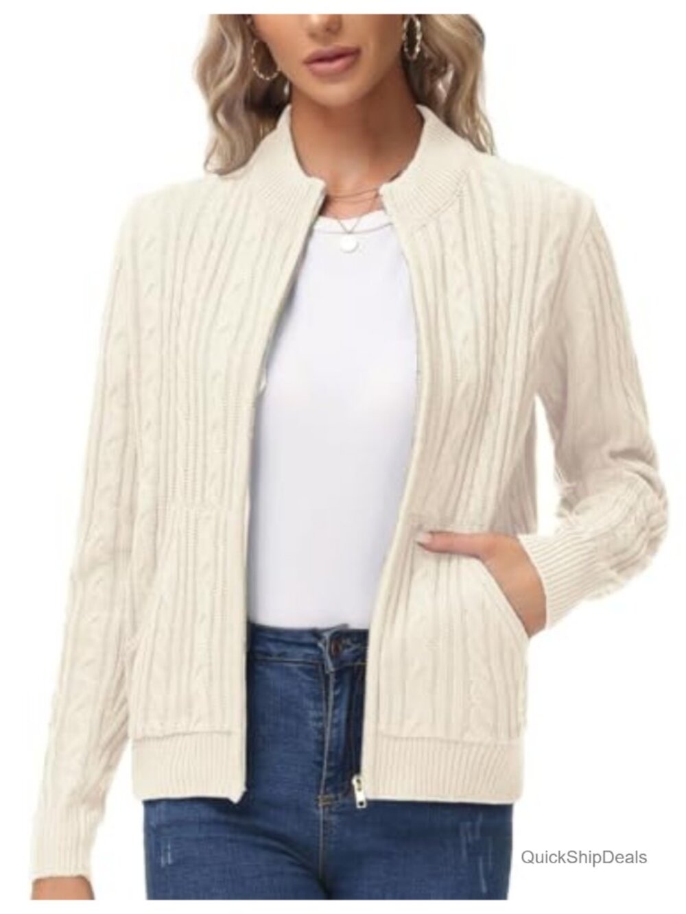 Women Cable Knit Zip Up Cardigan Sweater with Pockets